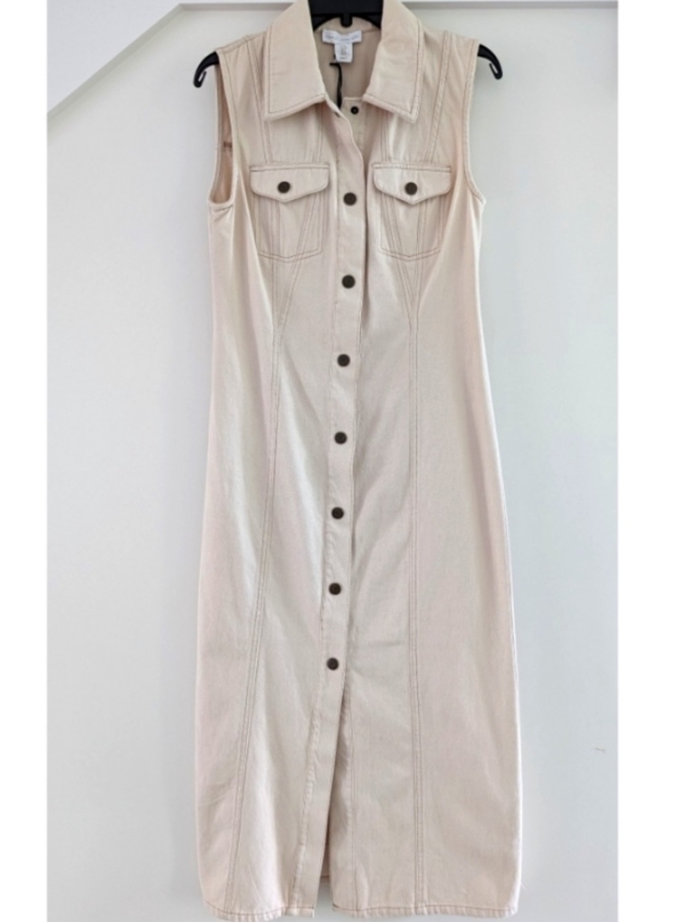 ❤️… House of Harlow 1960 Sleeveless Button-Front Maxi Denim Dress Light Beige